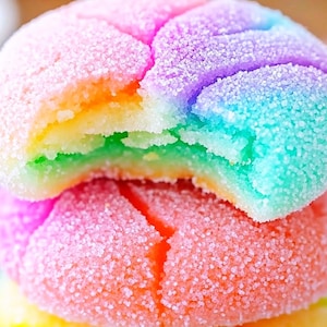 Puede incluir: Primer plano de una pila de galletas coloridas con capas de arcoíris. La galleta superior tiene un mordisco, revelando las vibrantes capas de amarillo, verde, naranja y morado. Cada galleta está cubierta con una capa de cristales de azúcar brillantes, agregando un acabado dulce y texturizado.