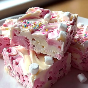 Peut inclure: Gros plan sur des morceaux de fudge empilés avec des tourbillons roses et blancs, garnis de guimauves et de vermicelles colorés. La friandise est coupée en carrés et posée sur une assiette blanche. Le dessert a une texture crémeuse.
