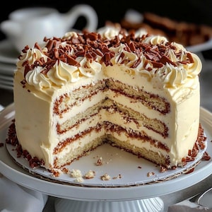 May include: A multi-layered cake with white icing and chocolate shavings on top. The cake is cut in half, revealing the layers of cake and icing.