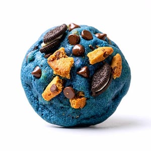 May include: A round, bright blue cookie topped with dark brown chocolate chips, chunks of golden-brown cookie pieces, and small sandwich cookie halves with white cream filling. The surface of the blue dough is textured and unevenly baked.