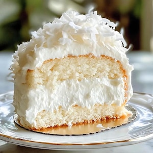 Puede incluir: Una porción de pastel de coco sobre un plato blanco con una base dorada. El pastel tiene múltiples capas de glaseado blanco y está cubierto con coco rallado. El pastel es de color beige claro.