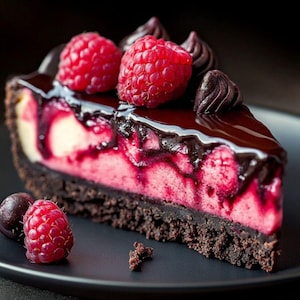 May include: A slice of chocolate cheesecake with a raspberry filling, topped with chocolate ganache and fresh raspberries.