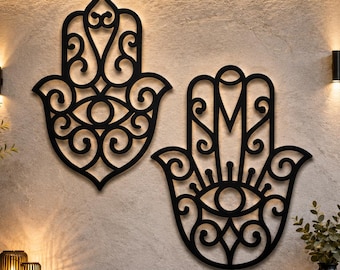 Mystical Hamsa Hand Metal Wall Décor Set of 2 – Bohemian Evil Eye Art – Protective Home Accent
