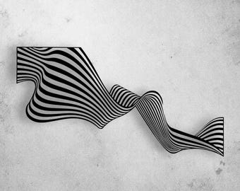 Könnte beinhalten: Ein schwarz-weiß gestreiftes Wandkunstwerk mit einem fließenden, bandartigen Design. Das Kunstwerk erzeugt eine optische Täuschung von Bewegung und Tiefe. Das Stück ist an einer strukturierten, hellgrauen Wand befestigt und verleiht jedem Raum eine moderne Note.