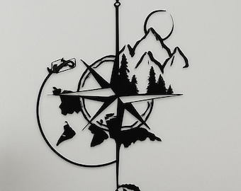 Compass & Mountain Metal Wall Art | Adventure Direction Arrow Design | Travel-Inspired Wall Décor for Home, Office And Entryway