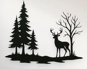 May include: Black metal wall art depicting a forest scene with pine trees and a deer. The silhouette design is mounted on a white wall above a cream-colored sectional sofa. The room has a modern, minimalist aesthetic.