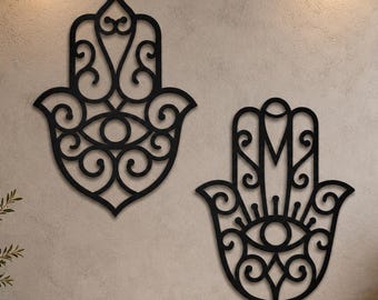Hamsa Hand Metal Wall Art Set of 2 – Boho Evil Eye Wall Décor – Protective Spiritual Home Accent