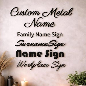 Decorazione murale in metallo personalizzata con nome / Targa personalizzata con il tuo testo / Elegante decorazione in metallo per la casa / Regalo unico per matrimoni o inaugurazioni di case