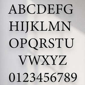 Pode incluir: Alfabeto e números em fonte serif preta, incluindo as letras de A a Z e os números de 0 a 9. As letras e os números são exibidos em um formato claro e legível.