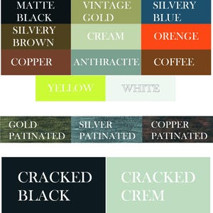 May include: A colour palette showcasing a range of shades. The image presents blocks of colour with text labels, including "Matte Black," "Vintage Gold," "Silvery Blue," "Cream," and "Orange."