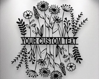 Personalized Wildflower Metal Wall Art, Sign with Custom Family Name – Rustic Outdoor Spring Welcome Sign for Porch or Garden Decor