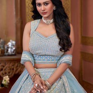 Designer lehenga SKY BLUE Floral lehenga choli for women bridesmaids lehenga , Indian outfits Pakistani Wedding lengha ready to wear