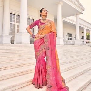 Pre-Drape Ready To Wear Organza Ruffle Saree With Hand Work Stitched Blouse With Any Selected Pattern and Wear on Any Occasion