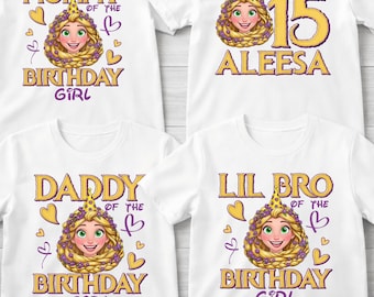 Custom Name Disney 15th Birthday Shirt, 15 Year Old Custom Age Disney Princess Shirt, Tangled 15th Birthday Rapunzel Matching Family Shirt