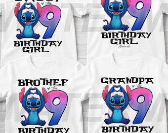 Disney 9th Birthday Family Shirt, Custom Name Disney Stitch Matching Family Shirt, Stitch Birthday Shirt, 9 Year Old Birthday Girl Shirt