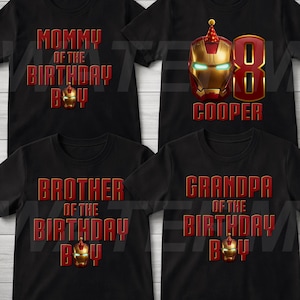 May include: Black t-shirts with red text and Iron Man graphics. Shirts say "Mommy," "Daddy," "Brother," "Sister," and "Grandpa" of the birthday boy. One shirt features "8 Cooper" with an Iron Man graphic.