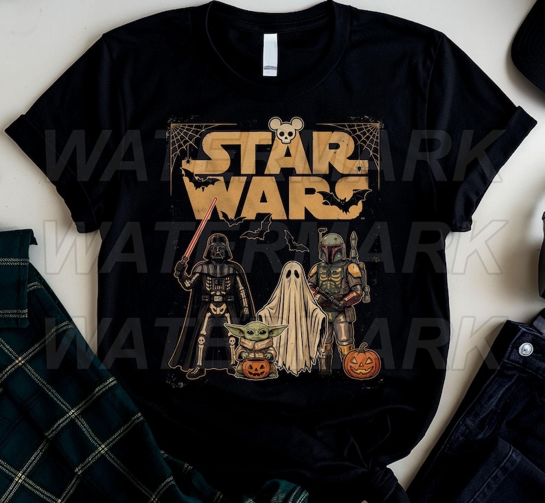 May include: A black short-sleeve t-shirt featuring a Star Wars graphic with a Halloween theme. The design includes Darth Vader, a ghost, Boba Fett, and Grogu with pumpkins, bats, and spiderwebs. The text STAR WARS is printed in large tan letters.