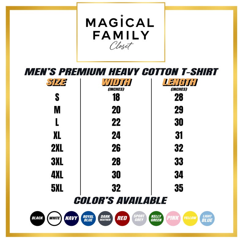 Puede incluir: Tabla de tallas para una camiseta de algod&oacute;n grueso para hombre. Las tallas van de la S a la 5XL, con medidas de ancho y largo en pulgadas. Colores disponibles: negro, blanco, azul marino, etc.