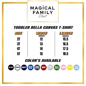 Puede incluir: Tabla de tallas para camisetas Bella Canvas para ni&ntilde;os peque&ntilde;os. Muestra las tallas 2T a 5T con medidas de ancho y largo en pulgadas. Tambi&eacute;n se enumeran los colores disponibles. El texto "MAGICAL FAMILY Closet" est&aacute; en la parte superior.