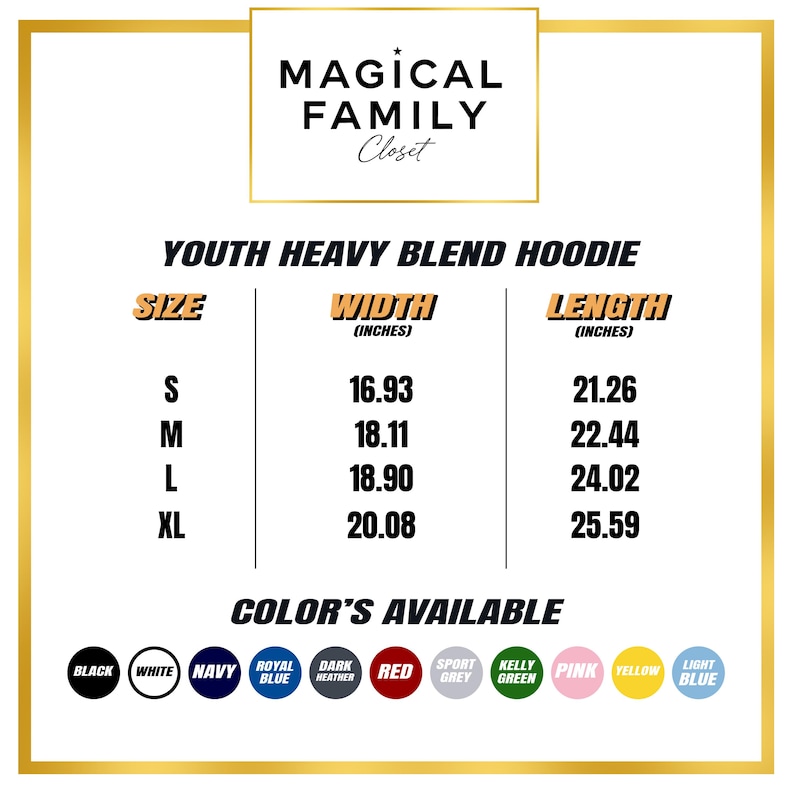 Puede incluir: Gr&aacute;fico que muestra las opciones de tama&ntilde;o y color para una sudadera con capucha para j&oacute;venes. La tabla de tallas enumera el ancho y el largo en pulgadas para las tallas S, M, L y XL. Los colores disponibles incluyen negro, blanco, azul marino, azul real, gris oscuro, rojo, gris deportivo, verde kelly, rosa, amarillo y azul claro.