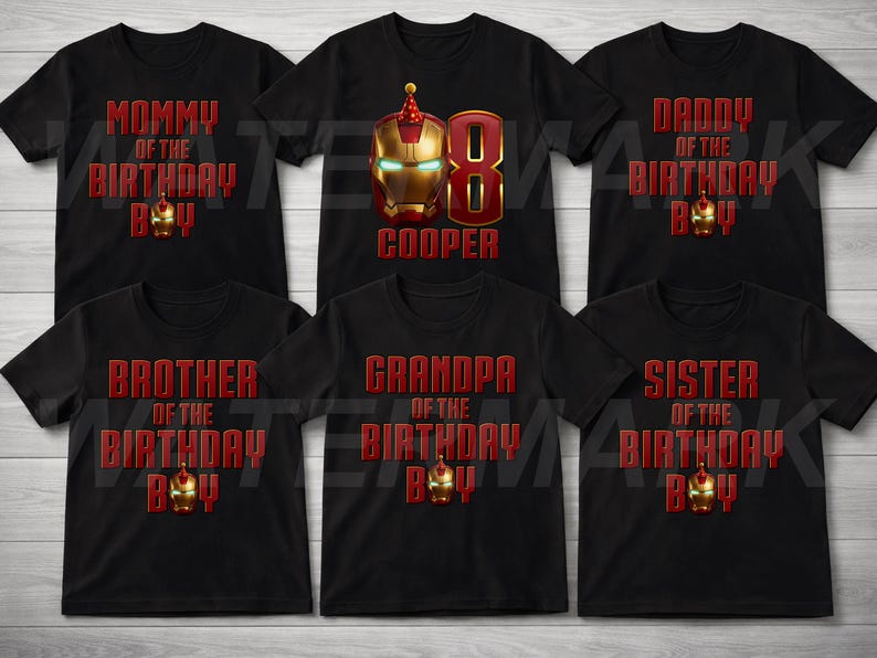 May include: Black t-shirts with red text and Iron Man graphics. Shirts say "Mommy," "Daddy," "Brother," "Sister," and "Grandpa" of the birthday boy. One shirt features "8 Cooper" with an Iron Man graphic.