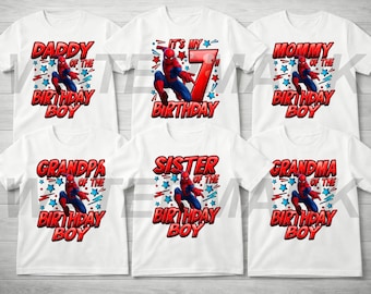 Camiseta personalizada de Spiderman para el 7º cumpleaños, sudadera personalizada de Spiderman con nombre para niño de 7 años, regalo de camiseta familiar a juego de Spidey para el 7º cumpleaños