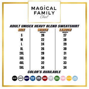 Puede incluir: Tabla de tallas para sudaderas unisex para adultos. La tabla incluye tallas S a 5XL, con medidas de ancho de 50,8 a 86,4 cm y largos de 68,6 a 86,4 cm. Los colores disponibles se enumeran debajo de la tabla.