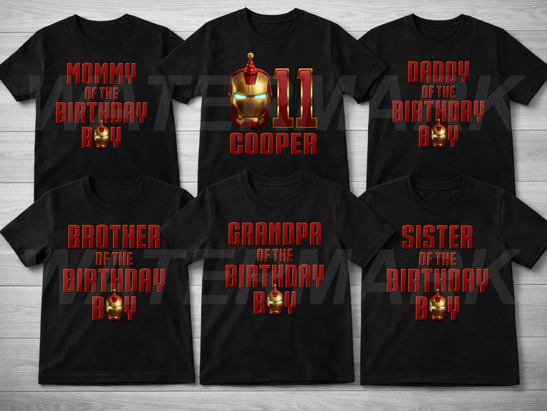 May include: Black t-shirts with red text and Iron Man graphics. Shirts say "Mommy of the Birthday Boy", "Daddy of the Birthday Boy", "Brother of the Birthday Boy", "Grandpa of the Birthday Boy", and "Sister of the Birthday Boy". One shirt says "11 Cooper".