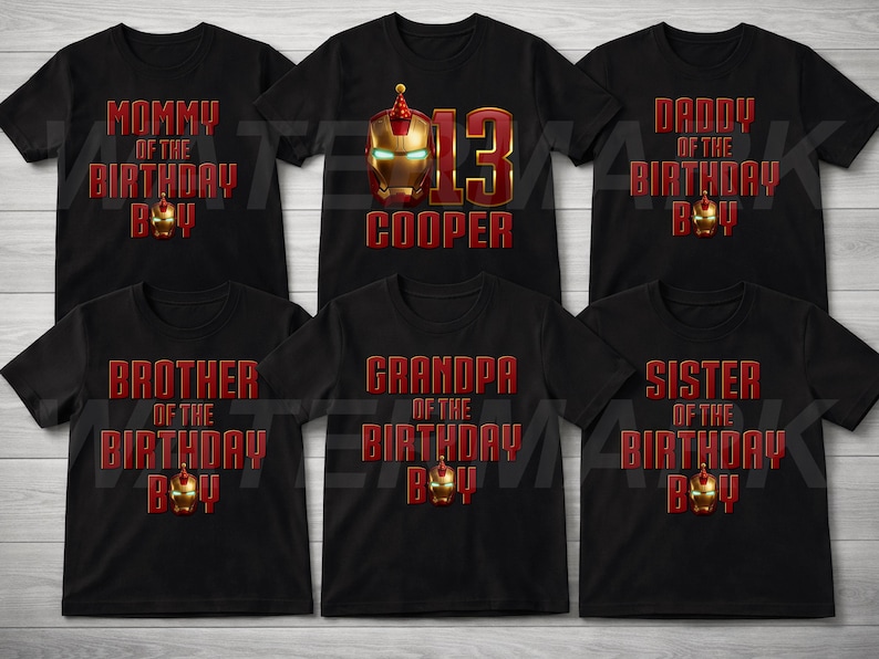 May include: Black t-shirts with red text and Iron Man graphics. The shirts read "Mommy of the Birthday Boy", "Daddy of the Birthday Boy", "Brother of the Birthday Boy", "Grandpa of the Birthday Boy", and "Sister of the Birthday Boy". One shirt says "13 Cooper".