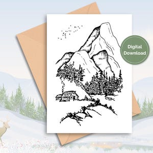 Carte de voeux montagne minimaliste imprimable, carte de voeux paysage noir et blanc
