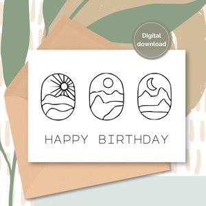Cartão de aniversário Boho Mountain para imprimir, cartão minimalista com tema de montanha, cartão preto e branco para colorir