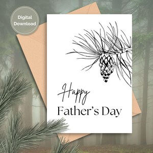 Cartão de pinha para o Dia dos Pais para imprimir - Design minimalista em preto e branco com inspiração na natureza
