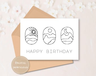 Boho Mountain Birthday Card: Minimalist Nature Design (Digital Download)
