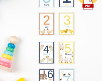 Spanish Numbers Flashcards | Printable PDF | 0-7 Animal Counting Cards for Kids