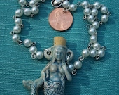 MERMAID Raku Perfume Bottle Ceramic necklace White Pearl Rosary Chain Ocean Blue