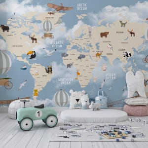 Papier peint pour chambre d'enfant, papier peint carte du monde vintage, papier peint carte du monde pour enfants - conception éducative amusante, décoration murale pour chambre d'enfants sur le thème de l'aventure,