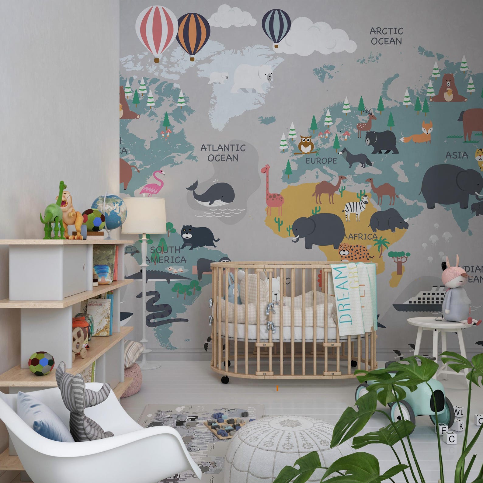 Kids World Map Wallpaper - Animal Themed Wall Mural for Nursery ...