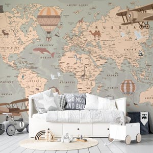 Personalized Vintage World Map Wallpaper, Custom Name Travel Mural, Kids Adventure Wall Decor, Retro Nursery Map, Aviation Theme Wallpaper