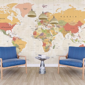 World Map Wall Decal, Boho World Map Decal, World Map Wall Sticker, Living Room Decor, Map Decal, Peel and Stick, Political World Map