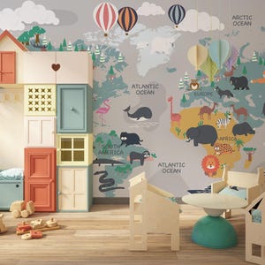 Papel tapiz infantil con mapa del mundo: Mural de pared con temática de animales para la sala de juegos de la guardería - Diseño educativo y divertido