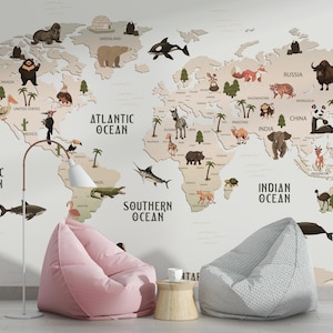Papel tapiz de mapa del mundo vintage personalizado, mural de aventuras con nombre personalizado, decoración de viajes retro para niños, arte infantil neutro, temática de animales de aviación