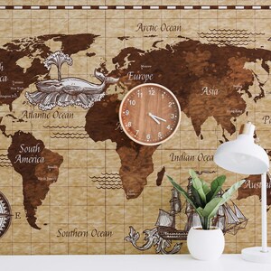 Papel tapiz de mapa del mundo, decoración de mapas antiguos, arte mural de mapas del mundo, calcomanía de mapa del mundo, pegatina de mapa del mundo, mural de pared grande