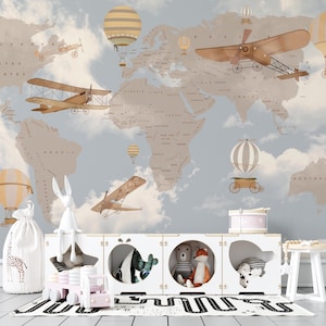 Papel pintado personalizado con mapa del mundo de avión vintage, mural de viaje con nombre personalizado, decoración de aventuras para habitación infantil, arte de pared retro para guardería, mapa de aviación