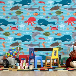 Whimsical Ocean Animals Wallpaper, Colorful Kids Nursery Wall Mural, Under the Sea Peel and Stick Decor, Playroom Fish Whale Decals,