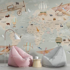 Vintage World Map Wallpaper, Kids World Map Wallpaper - Educational  Fun Design, Adventure Theme Kids Room Wall Mural, Nursery Wallpaper