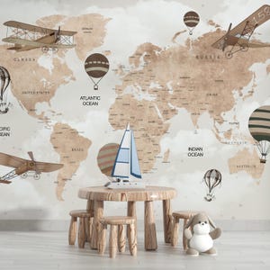 Kids World Map Wallpaper - Educational  Fun Design, Adventure Theme Kids Room Wall Mural - Vintage World Map Wallpaper