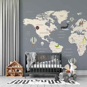 Papel tapiz de mapa del mundo vintage personalizado, mural de aventuras con nombre personalizado, decoración de viajes retro para niños, arte infantil neutro, temática de animales de aviación