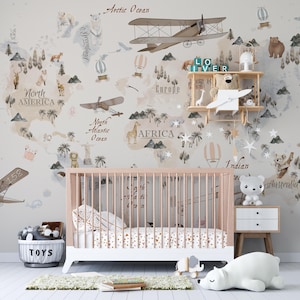 Papier peint clair pour enfants, carte du monde, carte murale neutre pour chambre d'enfant, décoration murale éducative pastel pour chambre de garçons et de filles