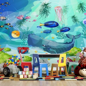 Underwater Birthday Party Wallpaper, Whimsical Ocean Animals Mural, Kids Playroom Decor, Festive Sea Life Peel and Stick, Mcfarlandwallpaper