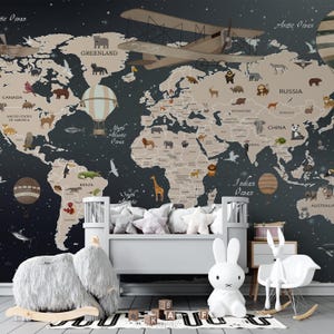 Papier peint pour enfants, carte du monde sombre, carte murale personnalisée pour chambre d'enfant ou salle de jeux, décoration murale éducative pour garçons et filles